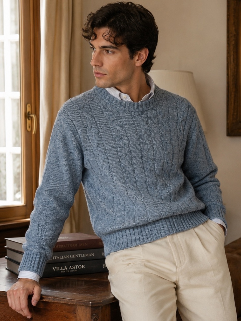 Lorenzo Magni Italy Cable Knit Sweater Blue Men M Wool Blend Academia Preppy